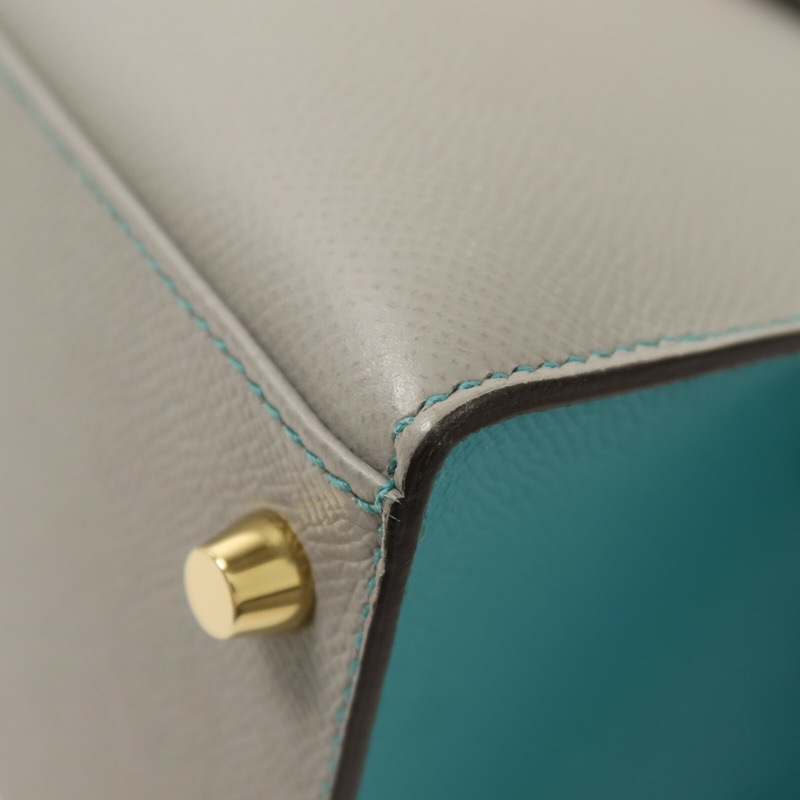 HERMES Epsom皮革Kelly 28金扣手挽肩背兩用袋Gris Mouette/Bleu Paon-11