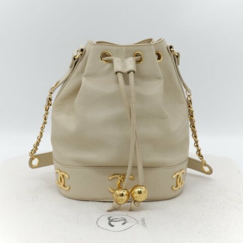 Chanel 香奈兒 CC Logo 粒面牛皮 雙金球 中古 奶白色 水桶包 斜挎包
