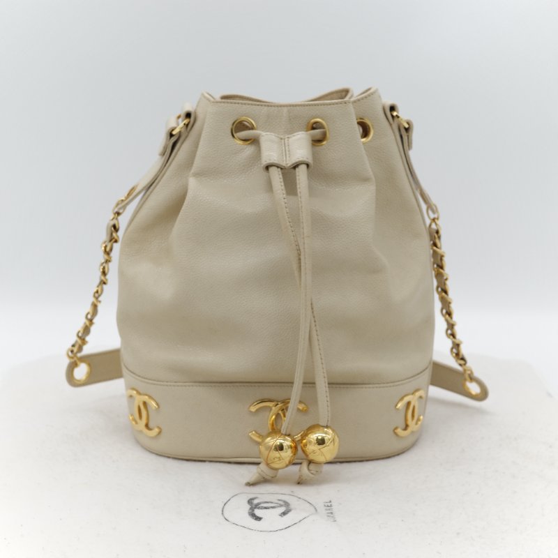 Chanel 香奈兒 CC Logo 粒面牛皮 雙金球 中古 奶白色 水桶包 斜挎包-0