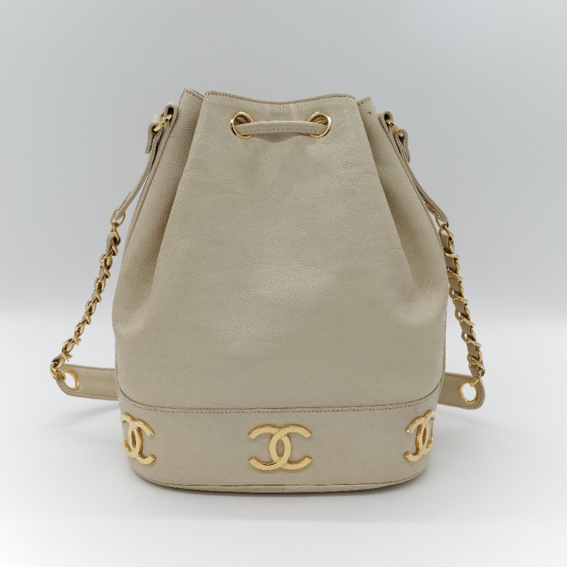 Chanel 香奈兒 CC Logo 粒面牛皮 雙金球 中古 奶白色 水桶包 斜挎包-4