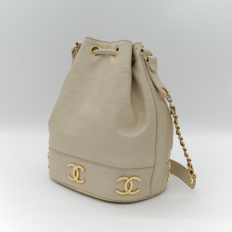 Chanel 香奈兒 CC Logo 粒面牛皮 雙金球 中古 奶白色 水桶包 斜挎包-5