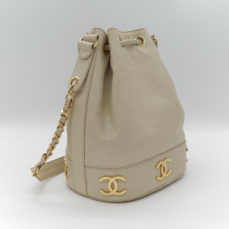 Chanel 香奈兒 CC Logo 粒面牛皮 雙金球 中古 奶白色 水桶包 斜挎包-6