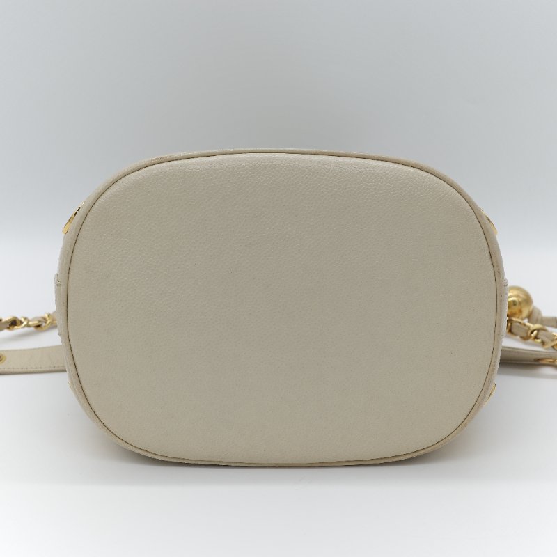 Chanel 香奈兒 CC Logo 粒面牛皮 雙金球 中古 奶白色 水桶包 斜挎包-7