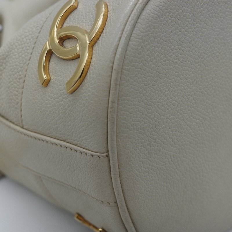 Chanel 香奈兒 CC Logo 粒面牛皮 雙金球 中古 奶白色 水桶包 斜挎包-8