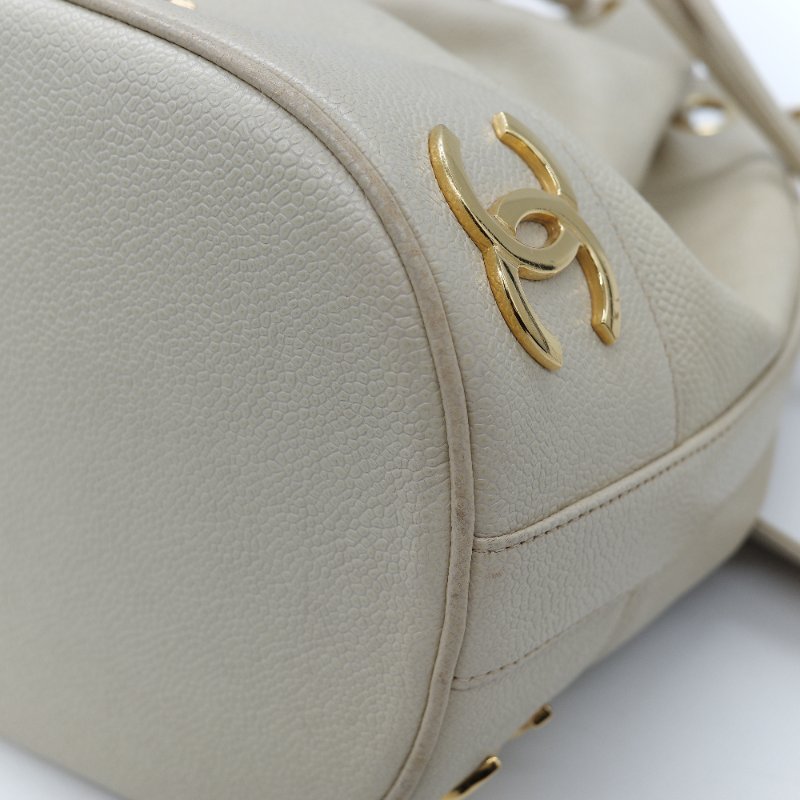 Chanel 香奈兒 CC Logo 粒面牛皮 雙金球 中古 奶白色 水桶包 斜挎包-11