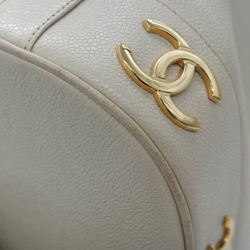 Chanel 香奈兒 CC Logo 粒面牛皮 雙金球 中古 奶白色 水桶包 斜挎包-12