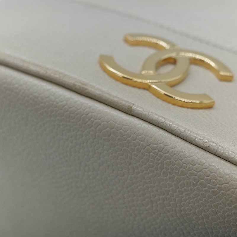 Chanel 香奈兒 CC Logo 粒面牛皮 雙金球 中古 奶白色 水桶包 斜挎包-13
