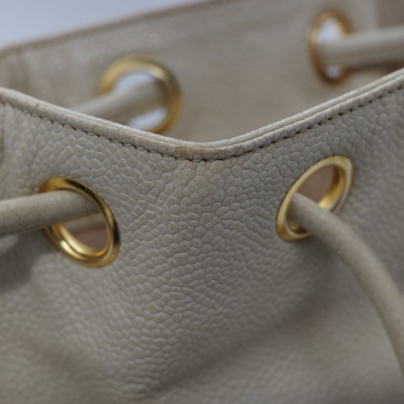 Chanel 香奈兒 CC Logo 粒面牛皮 雙金球 中古 奶白色 水桶包 斜挎包-21