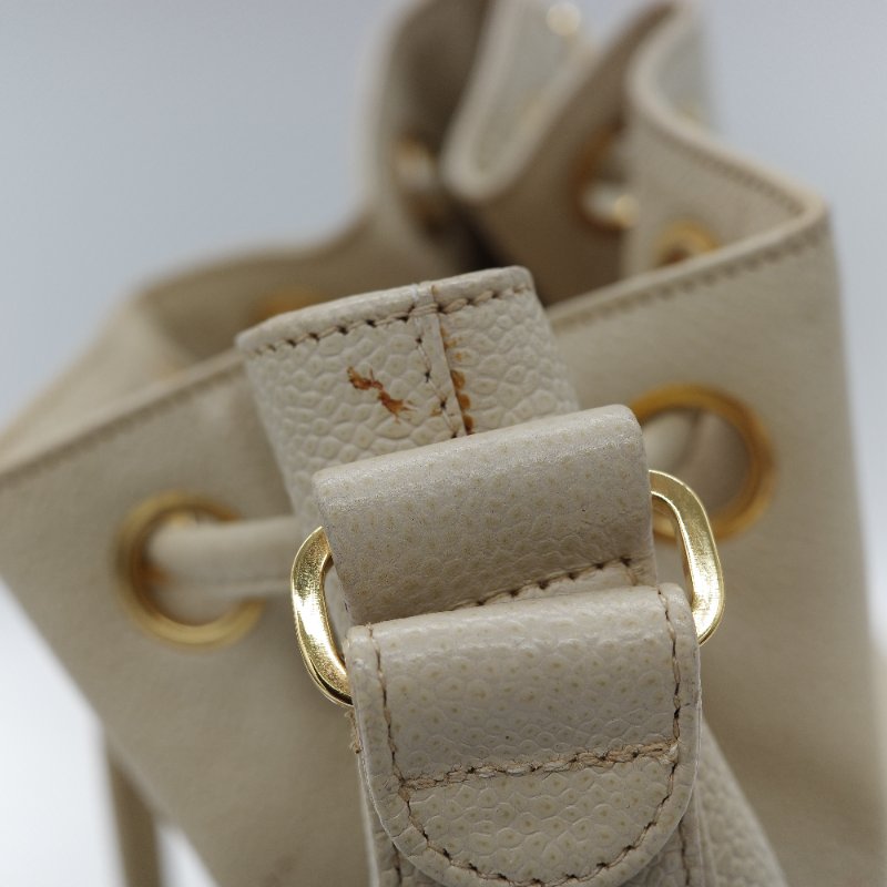 Chanel 香奈兒 CC Logo 粒面牛皮 雙金球 中古 奶白色 水桶包 斜挎包-24