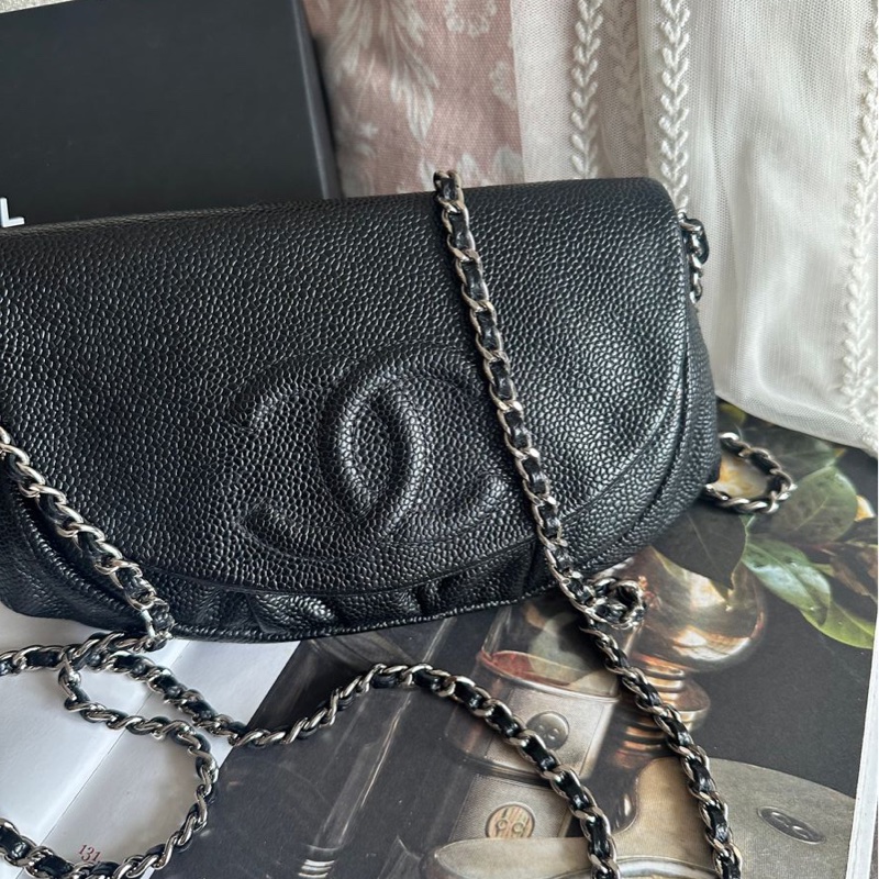 香奈兒 黑銀荔枝經典雙c經典款 迷你翻蓋鏈條包 斜挎包 包 黑色 男生 女生 chanel caviar black flap bag-3