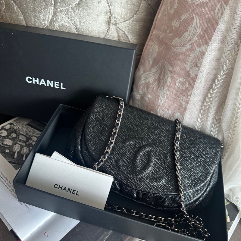 香奈兒 黑銀荔枝經典雙c經典款 迷你翻蓋鏈條包 斜挎包 包 黑色 男生 女生 chanel caviar black flap bag-7