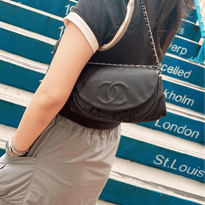 香奈兒 黑銀荔枝經典雙c經典款 迷你翻蓋鏈條包 斜挎包 包 黑色 男生 女生 chanel caviar black flap bag-8