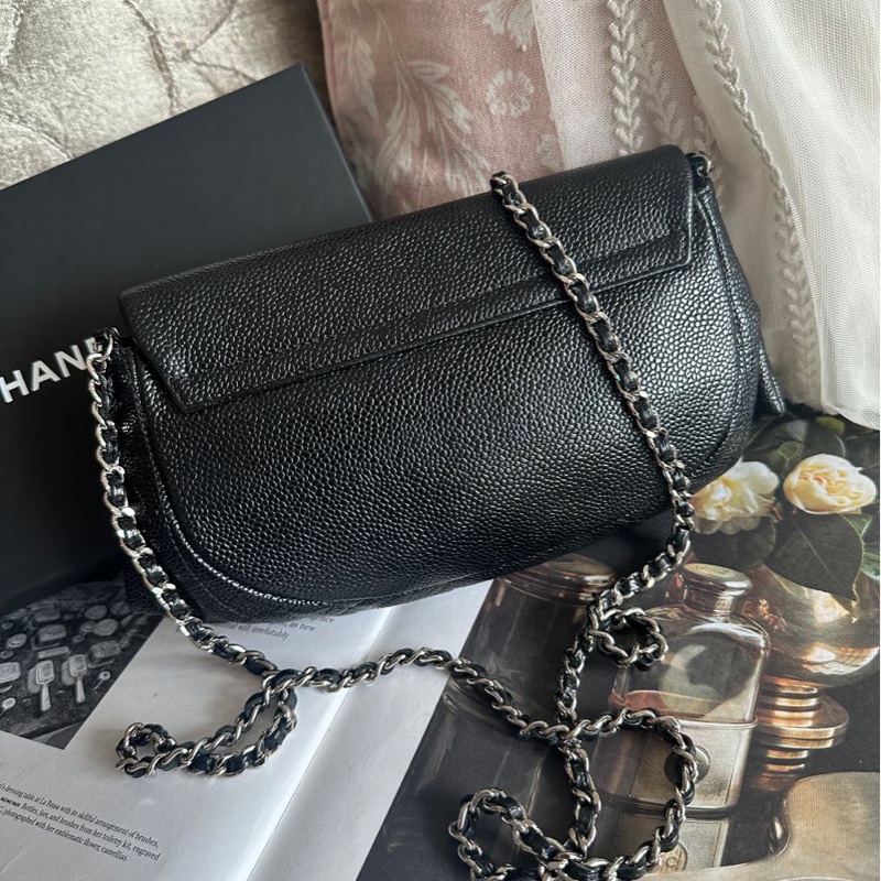 香奈兒 黑銀荔枝經典雙c經典款 迷你翻蓋鏈條包 斜挎包 包 黑色 男生 女生 chanel caviar black flap bag-13
