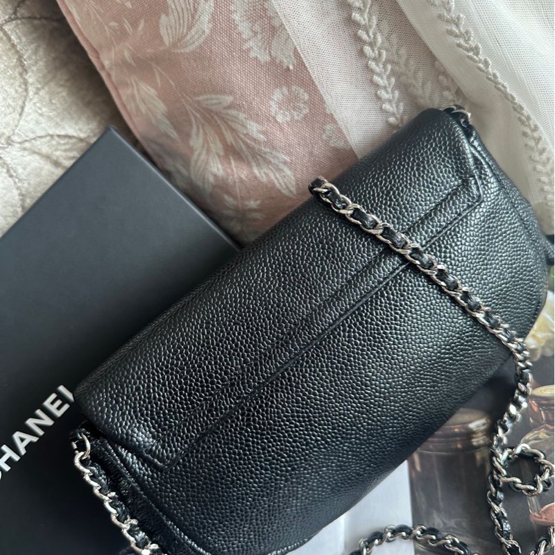 香奈兒 黑銀荔枝經典雙c經典款 迷你翻蓋鏈條包 斜挎包 包 黑色 男生 女生 chanel caviar black flap bag-14