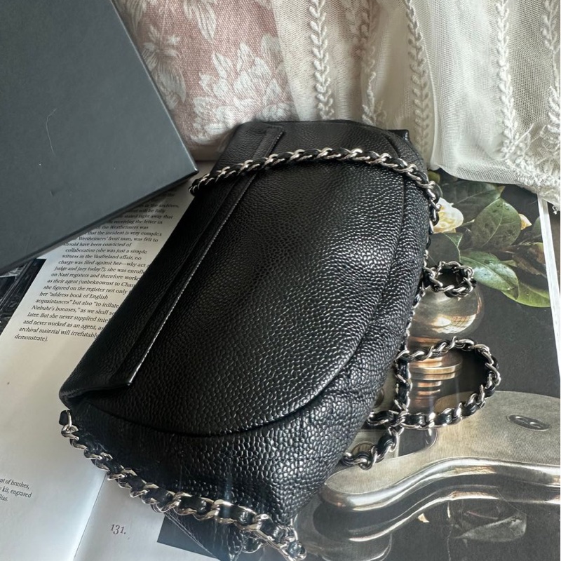 香奈兒 黑銀荔枝經典雙c經典款 迷你翻蓋鏈條包 斜挎包 包 黑色 男生 女生 chanel caviar black flap bag-16