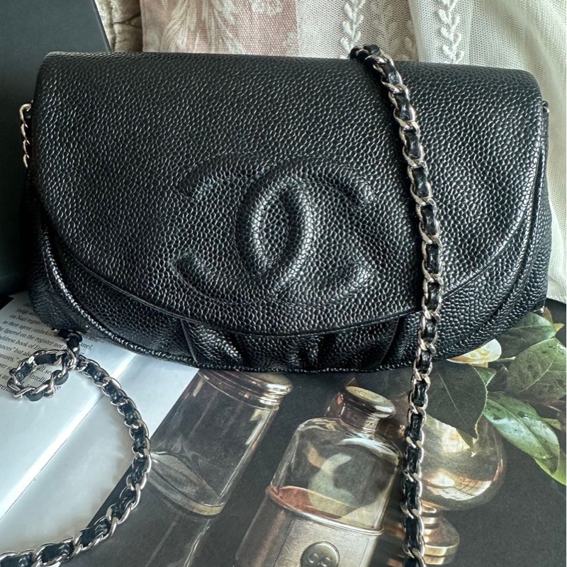 香奈兒 黑銀荔枝經典雙c經典款 迷你翻蓋鏈條包 斜挎包 包 黑色 男生 女生 chanel caviar black flap bag-18