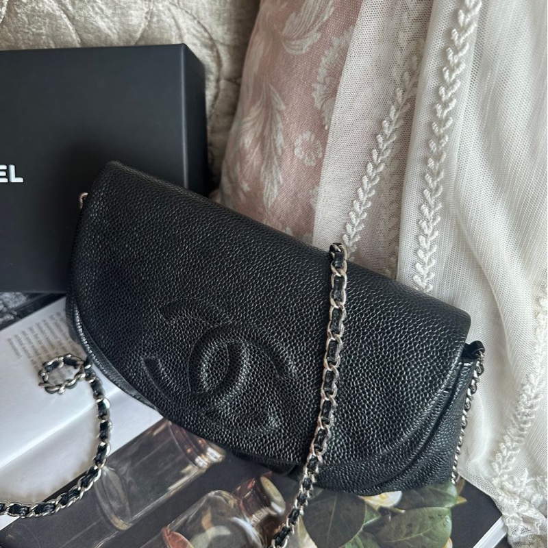 香奈兒 黑銀荔枝經典雙c經典款 迷你翻蓋鏈條包 斜挎包 包 黑色 男生 女生 chanel caviar black flap bag-19