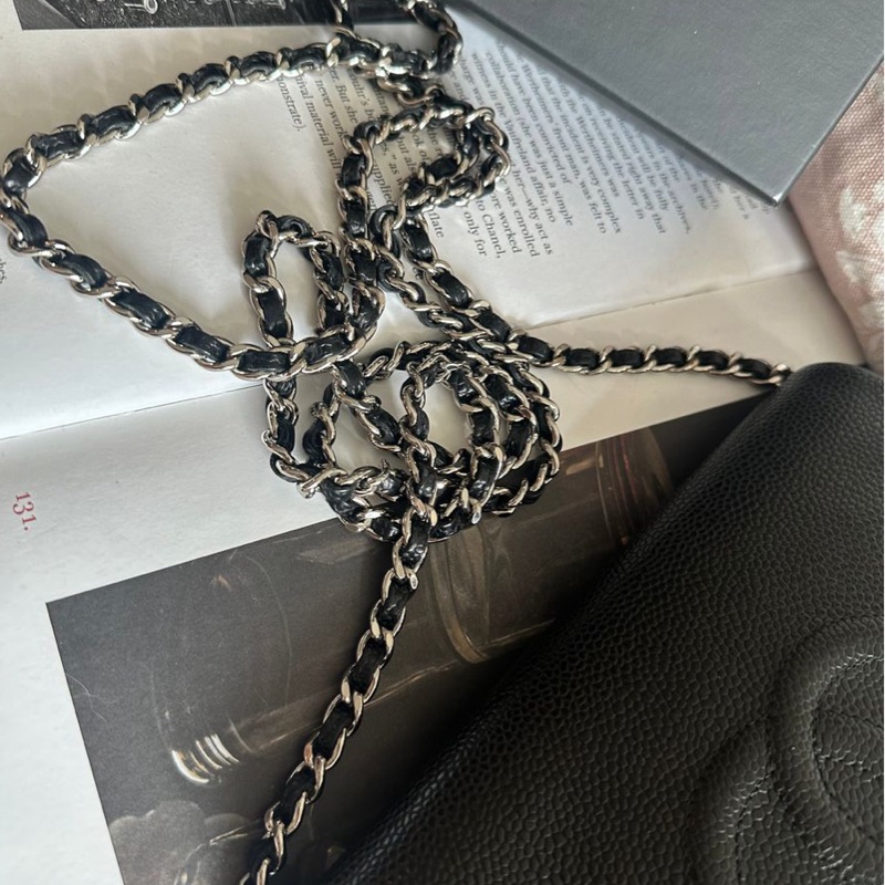 香奈兒 黑銀荔枝經典雙c經典款 迷你翻蓋鏈條包 斜挎包 包 黑色 男生 女生 chanel caviar black flap bag-20