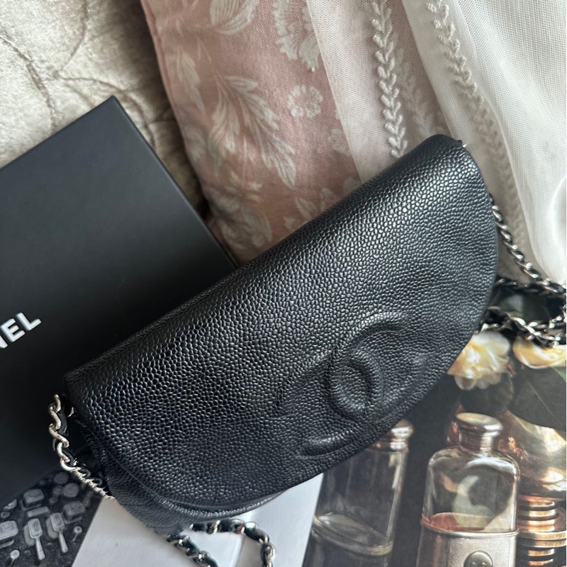 香奈兒 黑銀荔枝經典雙c經典款 迷你翻蓋鏈條包 斜挎包 包 黑色 男生 女生 chanel caviar black flap bag-22