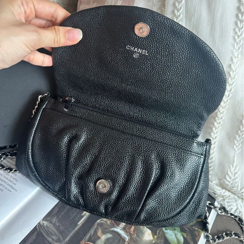 香奈兒 黑銀荔枝經典雙c經典款 迷你翻蓋鏈條包 斜挎包 包 黑色 男生 女生 chanel caviar black flap bag-23