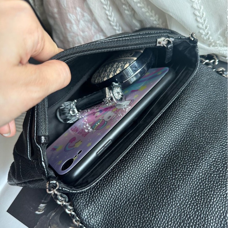 香奈兒 黑銀荔枝經典雙c經典款 迷你翻蓋鏈條包 斜挎包 包 黑色 男生 女生 chanel caviar black flap bag-28