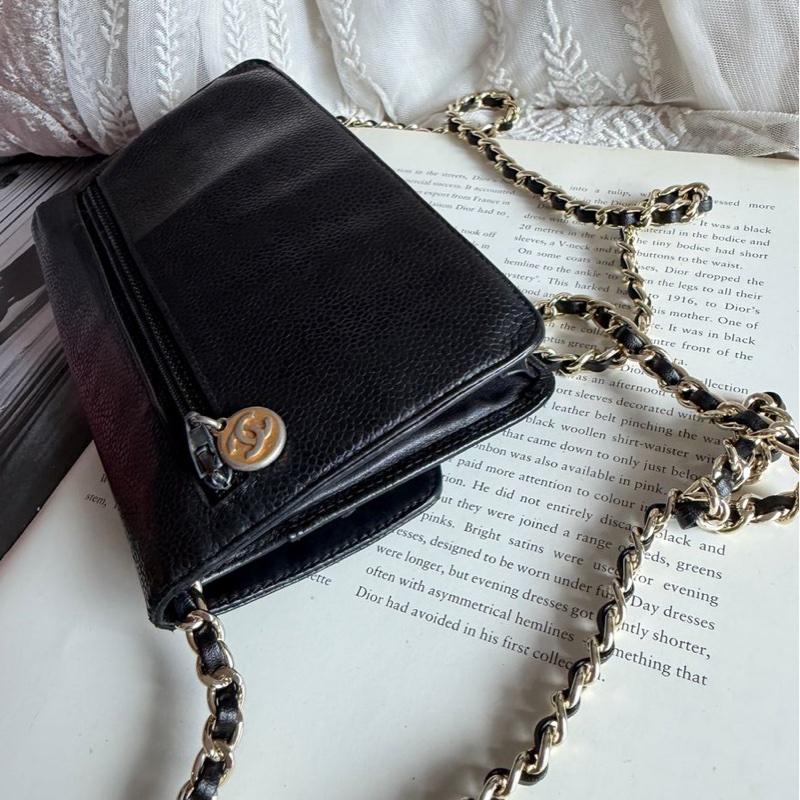 香奈兒 經典黑色 荔枝皮 長夾 錢包 chanel woc 黑金魚子醬皮革包 側背包 斜背包 二手古董包-1