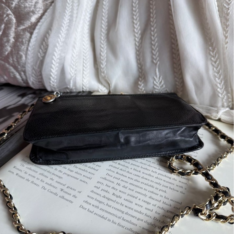 香奈兒 經典黑色 荔枝皮 長夾 錢包 chanel woc 黑金魚子醬皮革包 側背包 斜背包 二手古董包-4