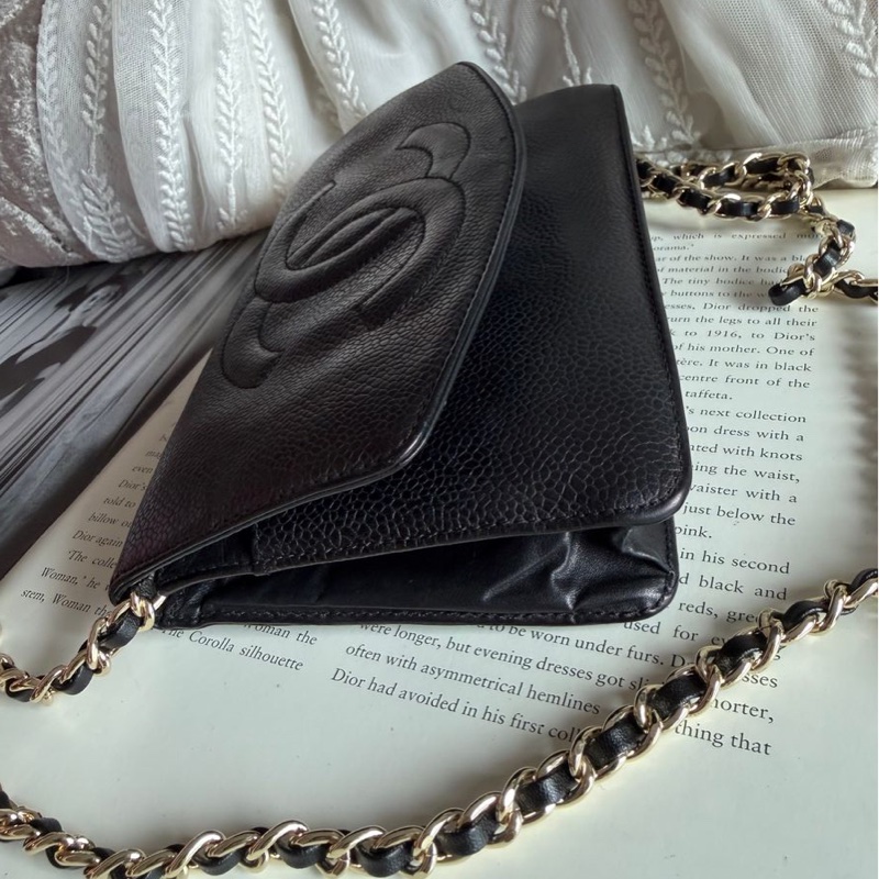 香奈兒 經典黑色 荔枝皮 長夾 錢包 chanel woc 黑金魚子醬皮革包 側背包 斜背包 二手古董包-7