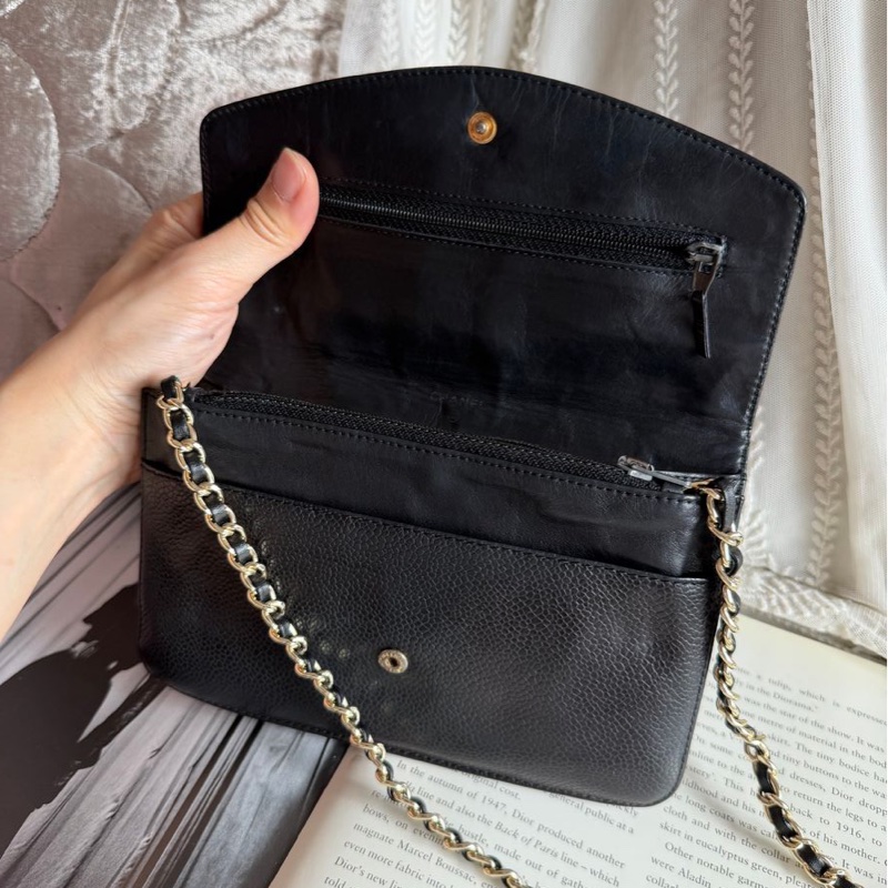 香奈兒 經典黑色 荔枝皮 長夾 錢包 chanel woc 黑金魚子醬皮革包 側背包 斜背包 二手古董包-12