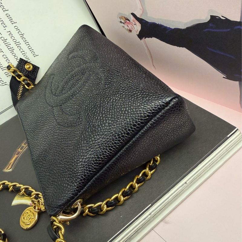 香奈兒 中古包 Chanel 黑金 魚子醬 皮革包 側背包 斜背包 二手古董包 黑色 小包 古董 中古二手Chanel黑色魚子醬皮革側背包斜背包 皮革包 單肩包 古董-4