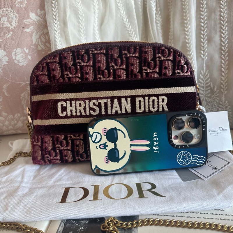 迪奥 閑置 未使用品化妝包 迷你 鏈條包 斜挎包 包 女生 側背包 斜背包 dior 包 單肩包 古董 刺繡款 Monogram 酒紅色 vanity 化妝包 🖤-18