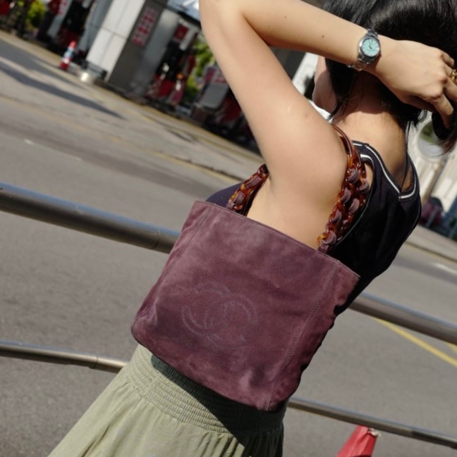 香奈兒 中古 絎縫麂皮玳瑁鏈條包 紫色chanel tote bag purple-2