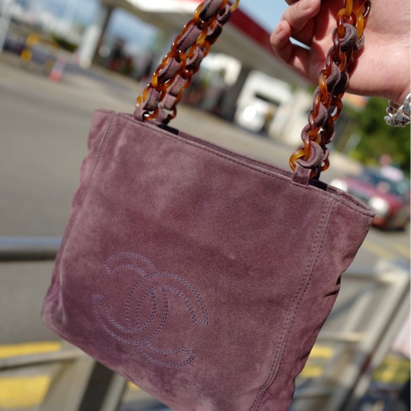 香奈兒 中古 絎縫麂皮玳瑁鏈條包 紫色chanel tote bag purple-4