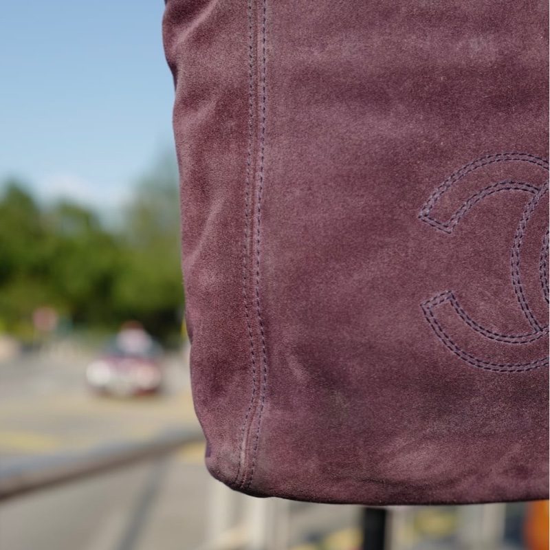 香奈兒 中古 絎縫麂皮玳瑁鏈條包 紫色chanel tote bag purple-5