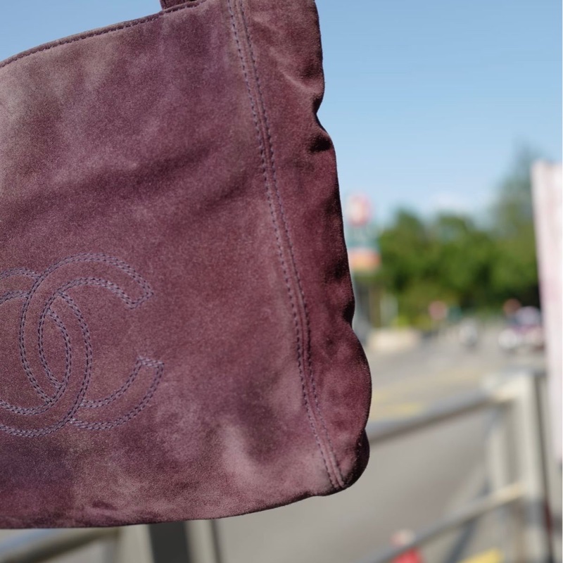 香奈兒 中古 絎縫麂皮玳瑁鏈條包 紫色chanel tote bag purple-6