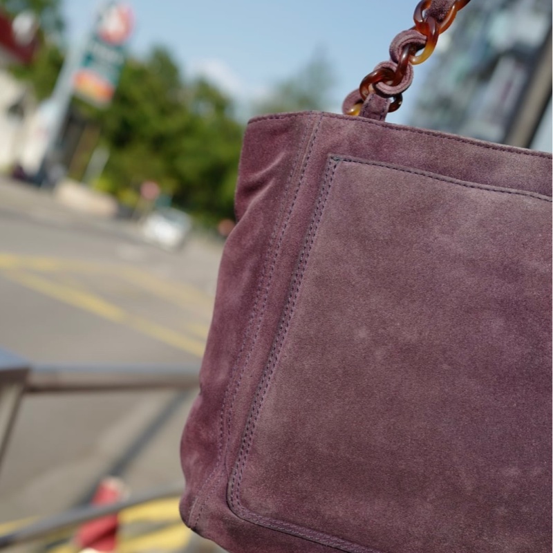 香奈兒 中古 絎縫麂皮玳瑁鏈條包 紫色chanel tote bag purple-7