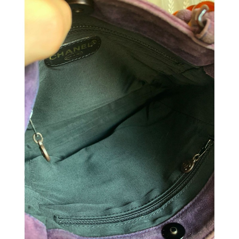 香奈兒 中古 絎縫麂皮玳瑁鏈條包 紫色chanel tote bag purple-8