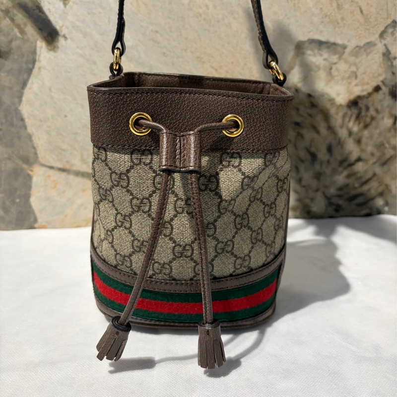 Gucci咖邊PVC拼皮革 OPHIDIA水桶包-0