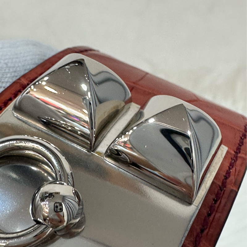 Hermes 紅鱷魚皮銀釦鉚釘手環 CDC-7