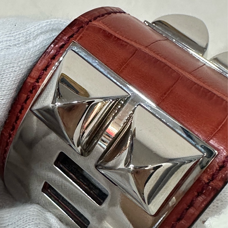 Hermes 紅鱷魚皮銀釦鉚釘手環 CDC-13