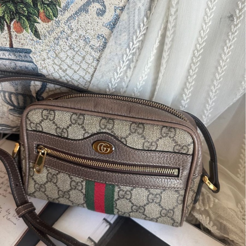 古馳 綠紅綠織帶斜背相機包(烏木色)迷你肩背包 gucci Ophidia GG Supreme-2
