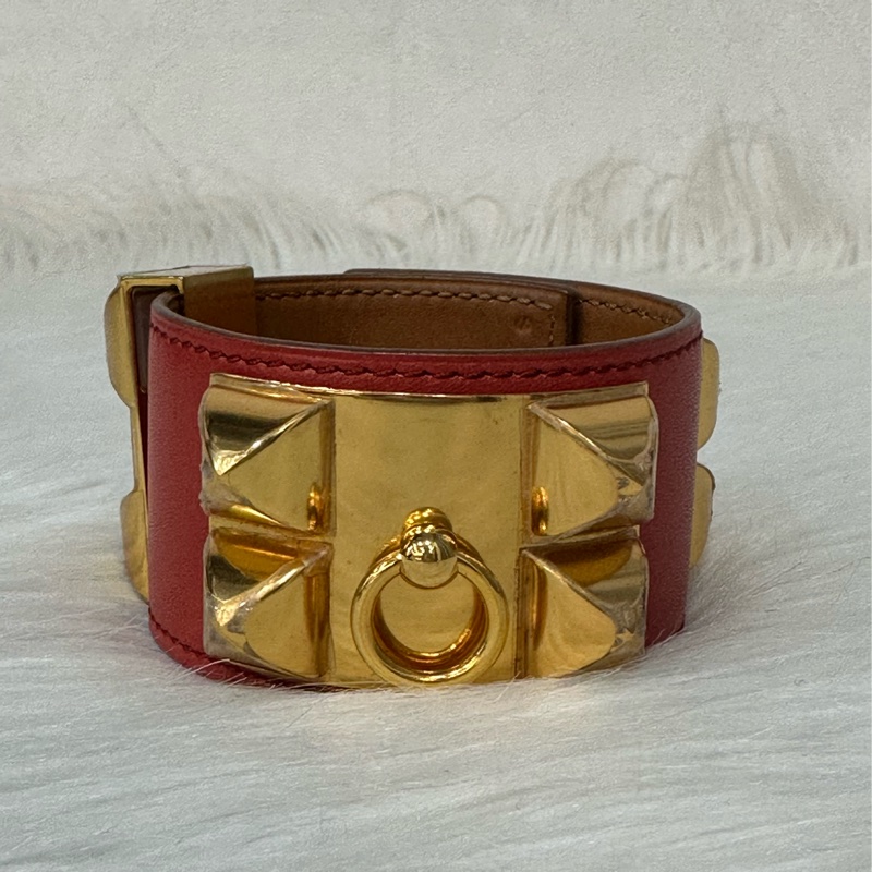 Hermes 橘紅皮金釦卯釘 CDC手環-0