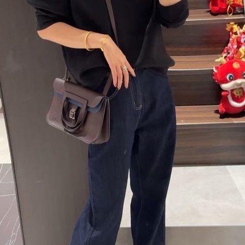 HERMES深棕拼色halzan25 手提斜背包24*17*7  9新  配件塵袋