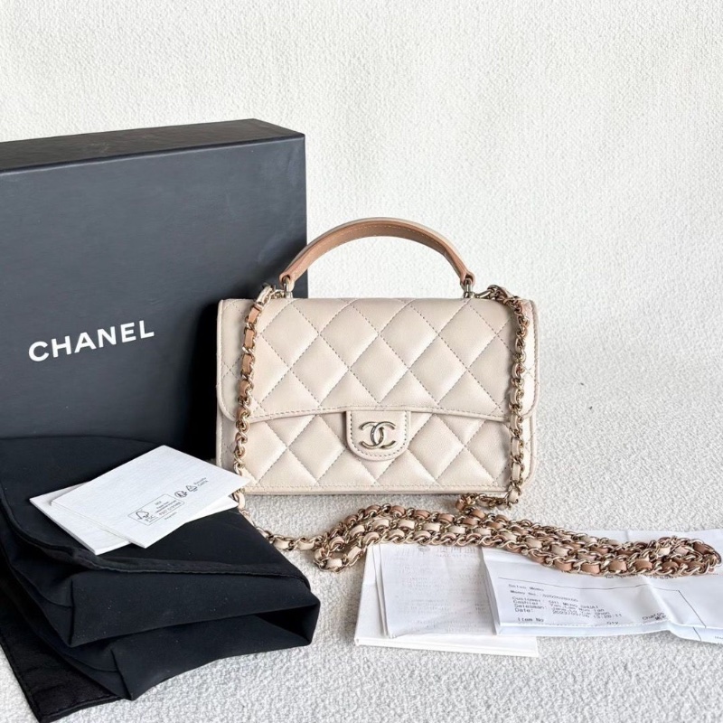 Chanel 鏈條翻蓋包 奶茶色 金扣 羊皮 17*10*3.5 95新 配件塵袋 購證 盒子說明書-1