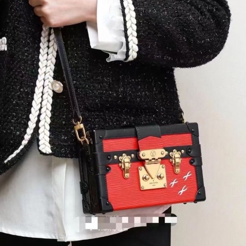 LV水波紋Petite Malle硬盒子 黑紅拼色 金扣19*12*5  9新 配件肩帶 塵袋