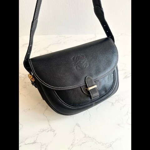 【LA LUNE】絕版古董包 Loewe黑金色馬鞍側背包 斜背包 皮革包 單肩包 中古包