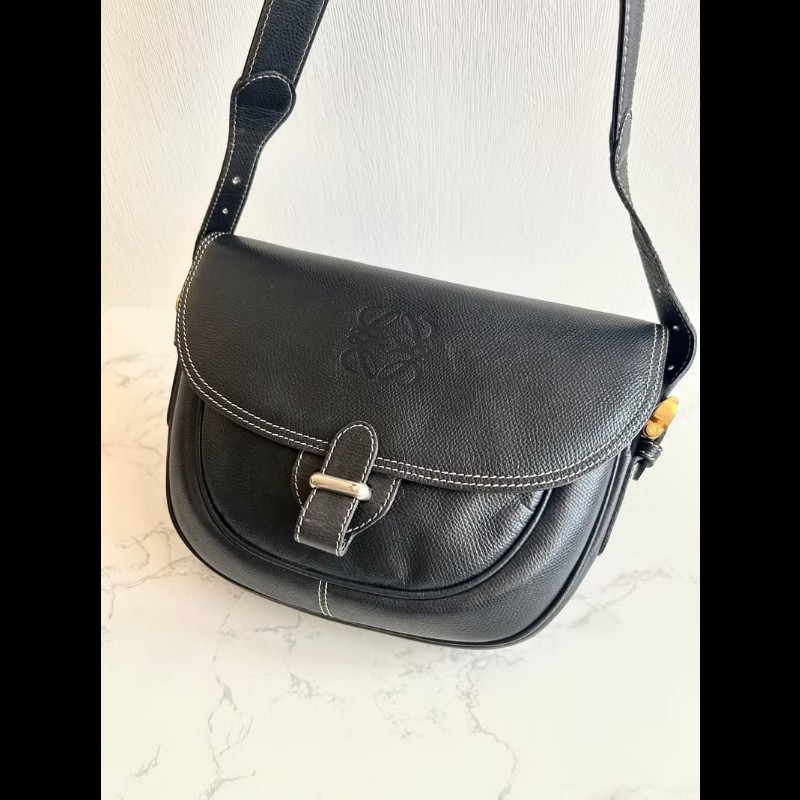 【LA LUNE】絕版古董包 Loewe黑金色馬鞍側背包 斜背包 皮革包 單肩包 中古包-1