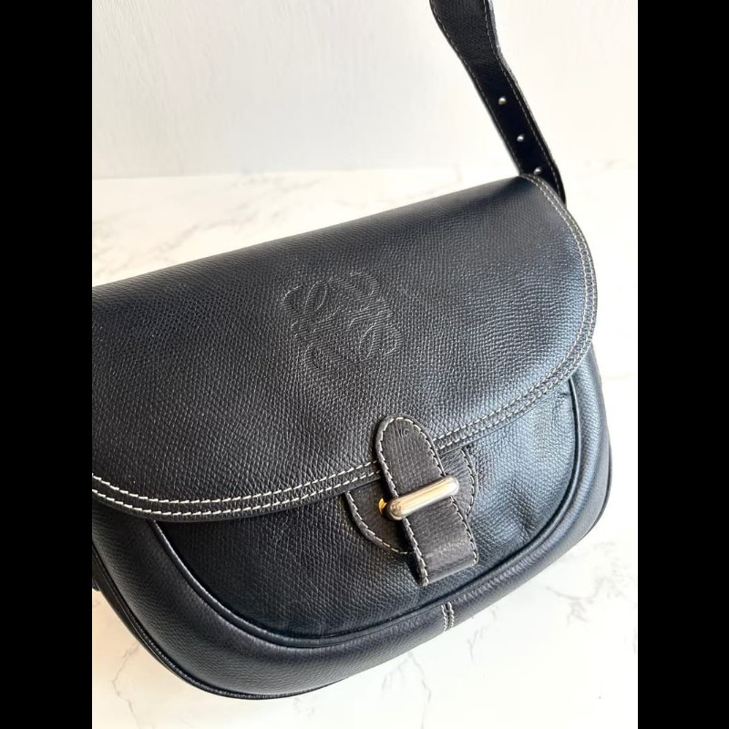 【LA LUNE】絕版古董包 Loewe黑金色馬鞍側背包 斜背包 皮革包 單肩包 中古包-2