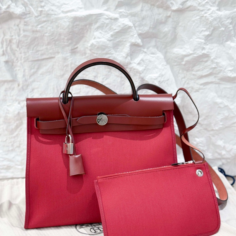 Hermes愛馬仕 31herbag 磚紅色帆布拼皮 CK銀扣 閒置新-0