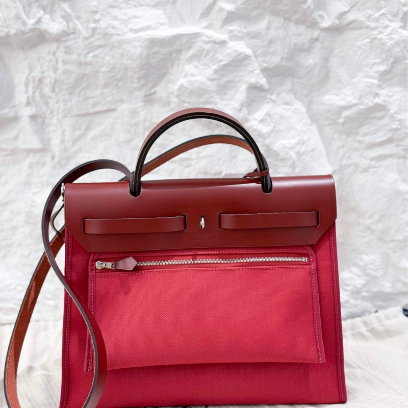 Hermes愛馬仕 31herbag 磚紅色帆布拼皮 CK銀扣 閒置新-1